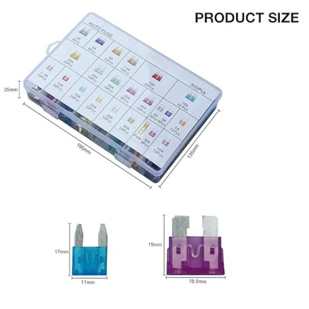 300Pcs Car Fuse Assortment Kit, 160 Mini Blade Fuses Automotive + 90 Standard