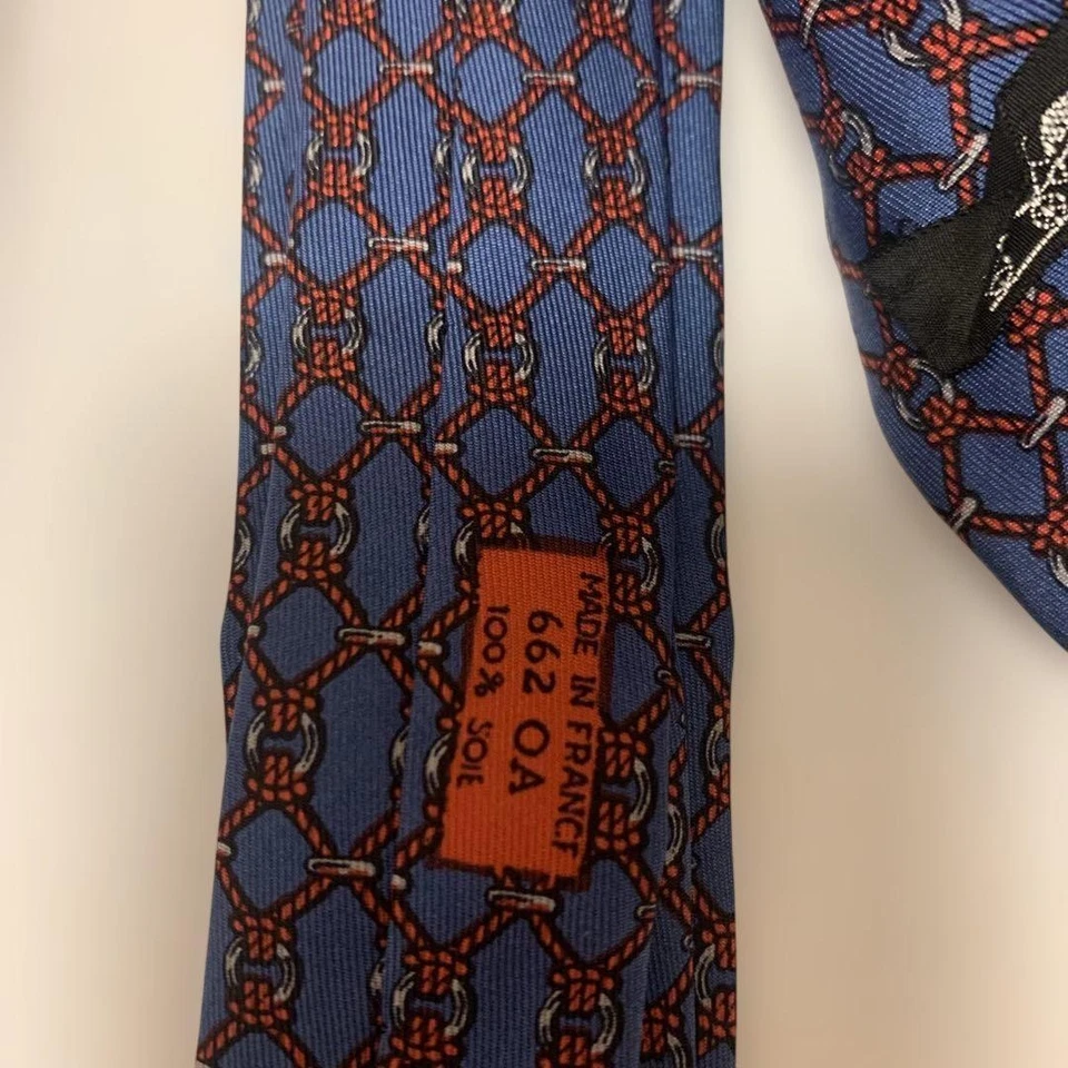 HERMES New Unused Neck Tie Navy Red Rope Check 100%Silk With Box Made in France - Image 4 of 4