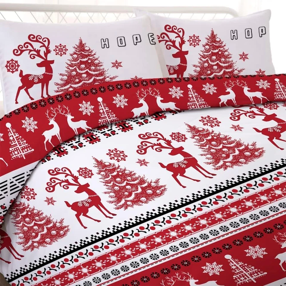 Christmas Duvet Cover Set Red Deer Tree Snowflake Pattern Soft Microfiber Zipper - Image 3 of 4