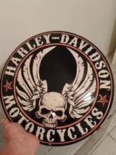 Harley-Davidson Motorcycles Flying Skull Button Round Tin Sign 14 inches
