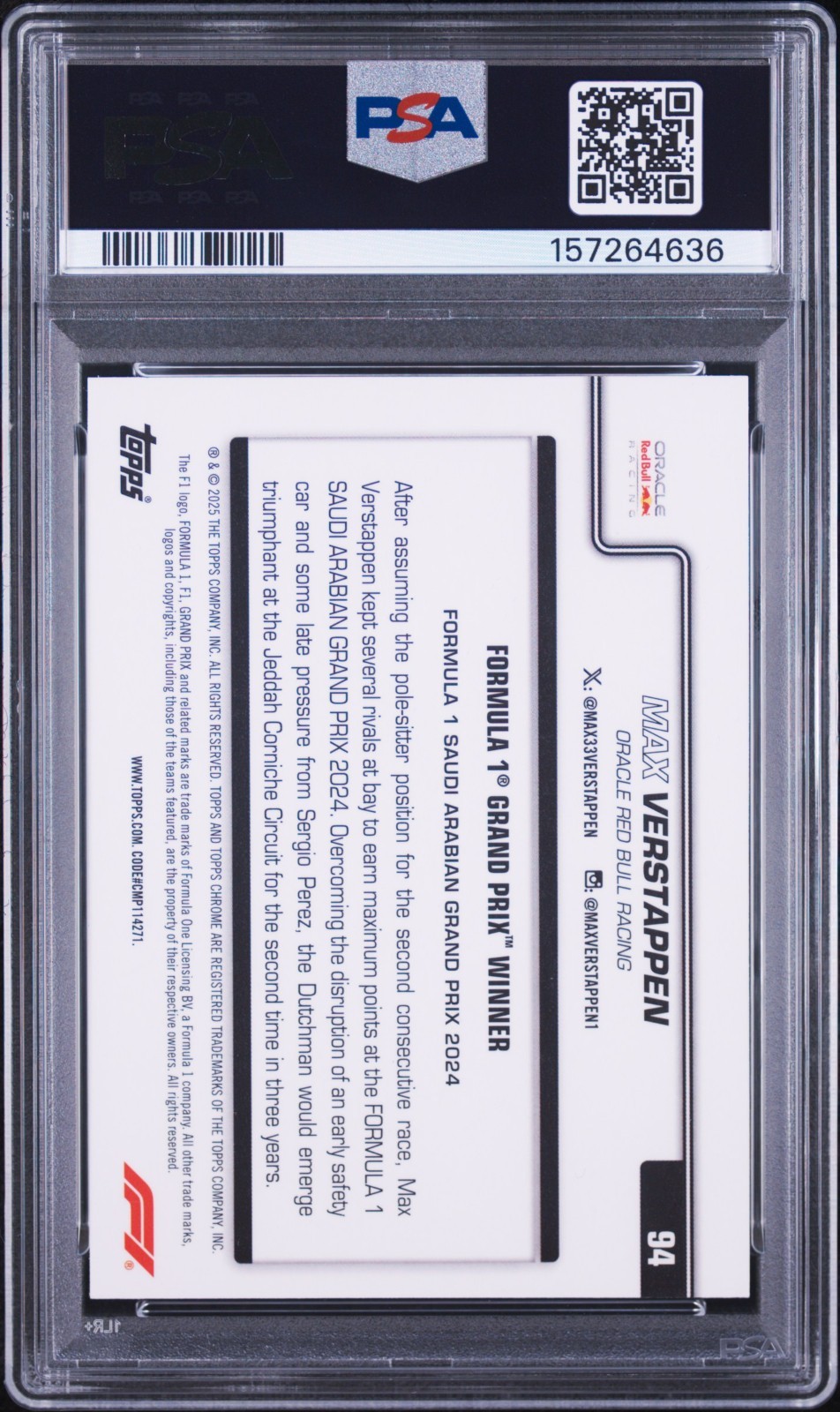 2025 Topps Chrome F1 Max Verstappen Blue Raywave /150 #94 Red Bull PSA 10 view 2