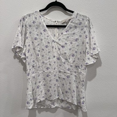 Loft Size 6 White With Purple Flowers Flutter Sleeves  Blouse Cottage Prairie