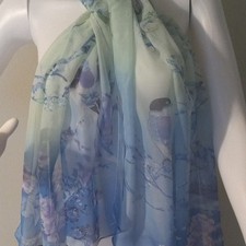 Women's Blue Green Bird Floral Print Scarf Wrap - Blue Green Floral Pattern