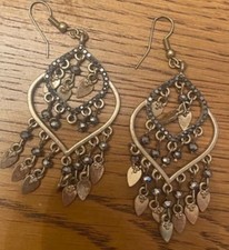 Asian / Indian Chandelier Dangle Earrings Gold Tone Brass with Brown Glass Beads