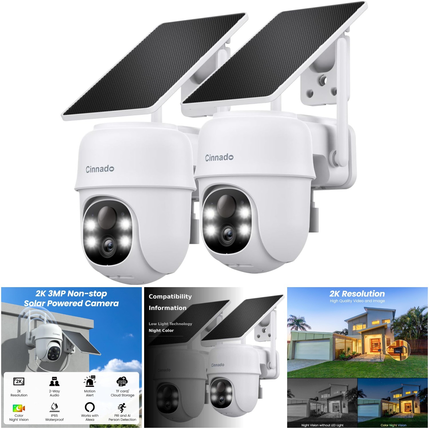 2K Color Night Vision Solar Outdoor Camera 360&deg; PTZ Home Se
