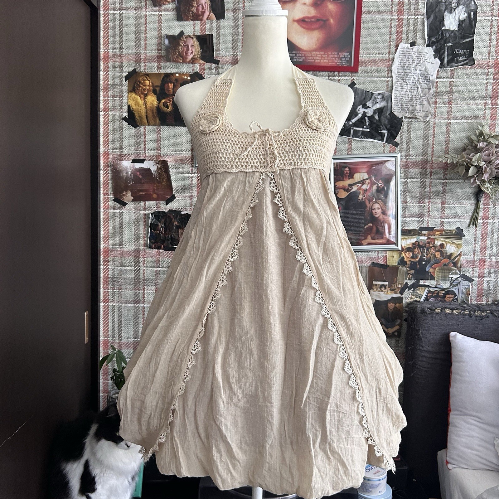Axes Femme Coquette Crochet Flower Dress Halter Neck Knit Ribbon Fairy Grunge
