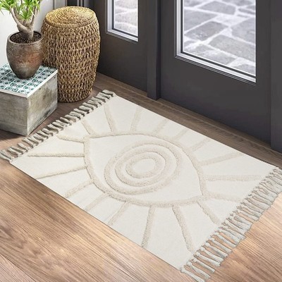 Boho Bathroom Rugs 2'x3' Beige Evil Eye Tufted Entryway Mat with Tassels Soft...