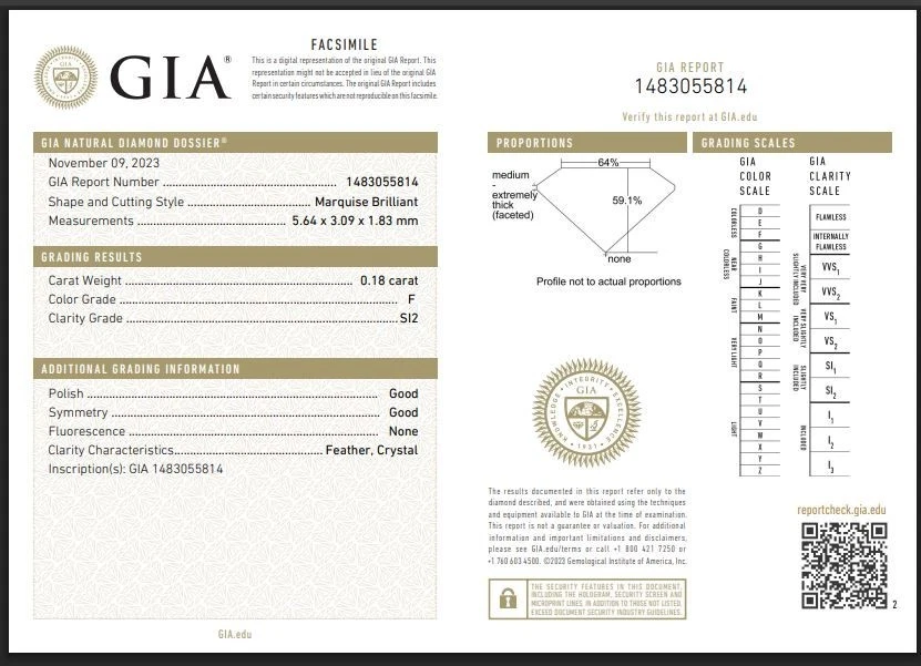 Loose Marquise Cut Natural Diamond 0.18 Ct F/SI Clarity 5x3 mm GIA Certified - Image 3 of 4