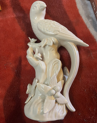 White Porcelain Parrot Bird Figurine on Branch Gloss Finish w/ Felt Pads