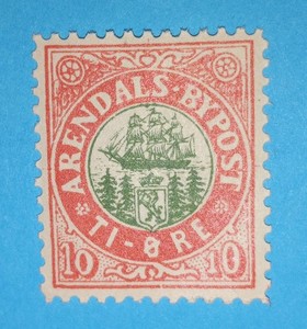 + 1885 Aredals Norway Skandinavian 10 ore Sailing Ship Local Bypost S/A#4 Mint 