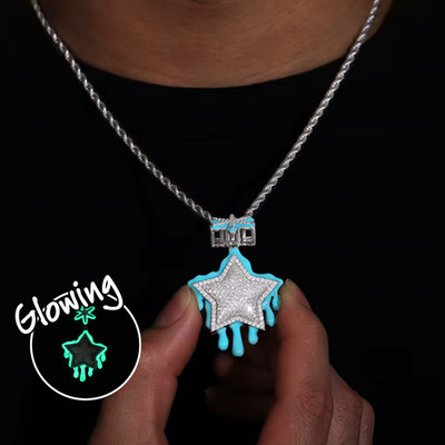 Glow in Dark Star Moissanite Pendant VVS 925 Silver Iced Out Hip Hop Jewelry