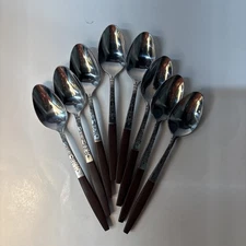 Interpur INR2 8 Teaspoons Wood Look Handle 7" Stainless Vintage Japan MCM