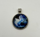 Fantasy Pegasus Horse Glass Cabochon Pendant Silver Tone Charm Blue