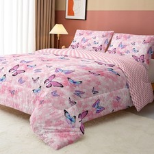 Comforter Set Girls Pink Flower Butterfly Printed Pattern Quilt Bedding with ...
