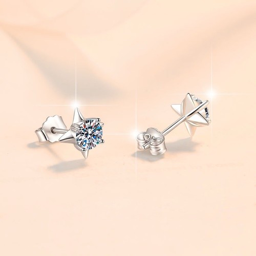 #69 Moissanite 1CT Compass Star Stud Earrings 925 Sterling Silver - Picture 4 of 6