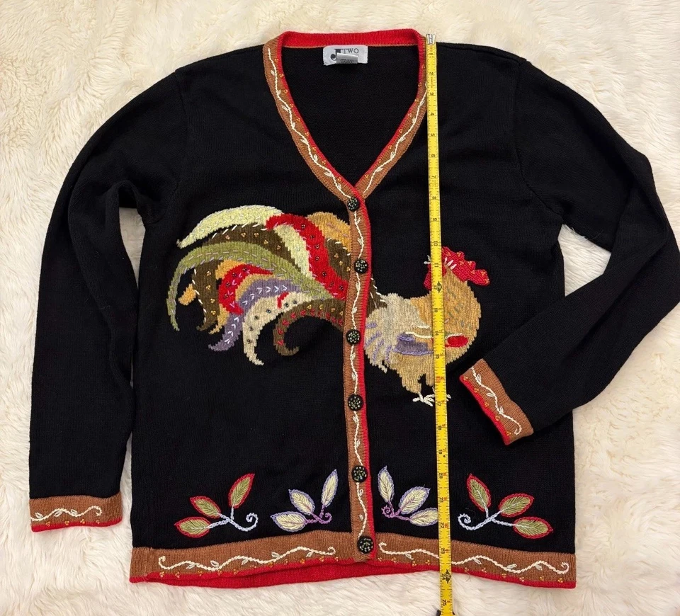 Cárdigan Vintage J Two Rooster Mediano Negro Pollo Granja Algodón Bordado Foto 3 de 4