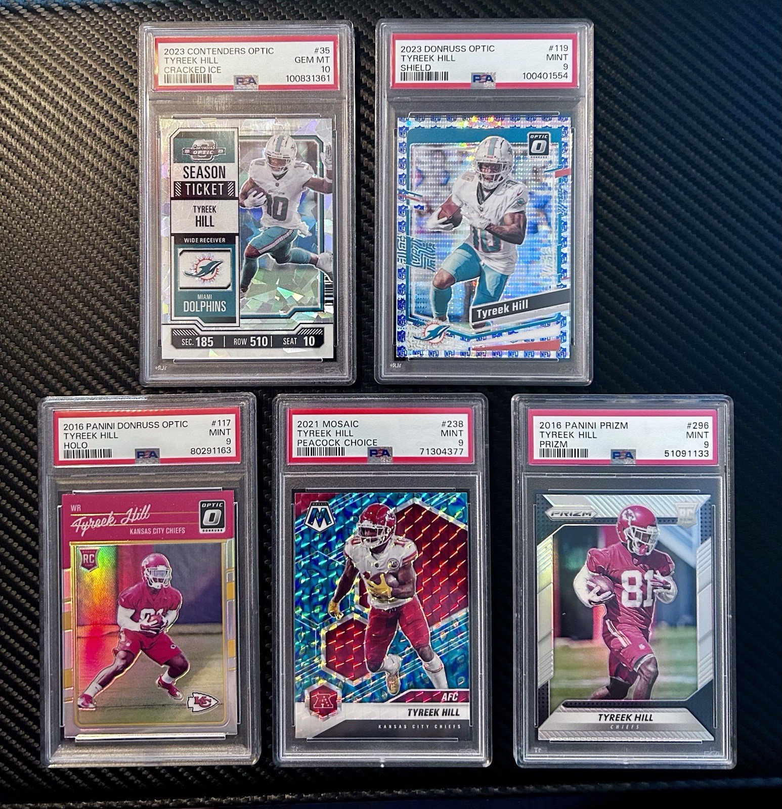 Tyreek Hill PSA Lot! PEACOCK - CRACKED ICE - OPTIC SHIELD - RATED RC - PRIZM RC view 1