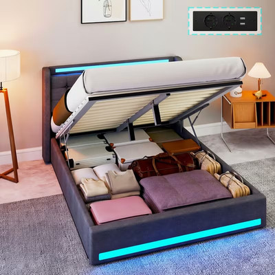 Double Bed with Storage Function, 90X200 Single Bed with Adjustable LED Light, H
