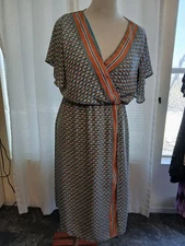 Studio B XL Dress Mock Wrap Blue White Orange Geometric maxi bohemian