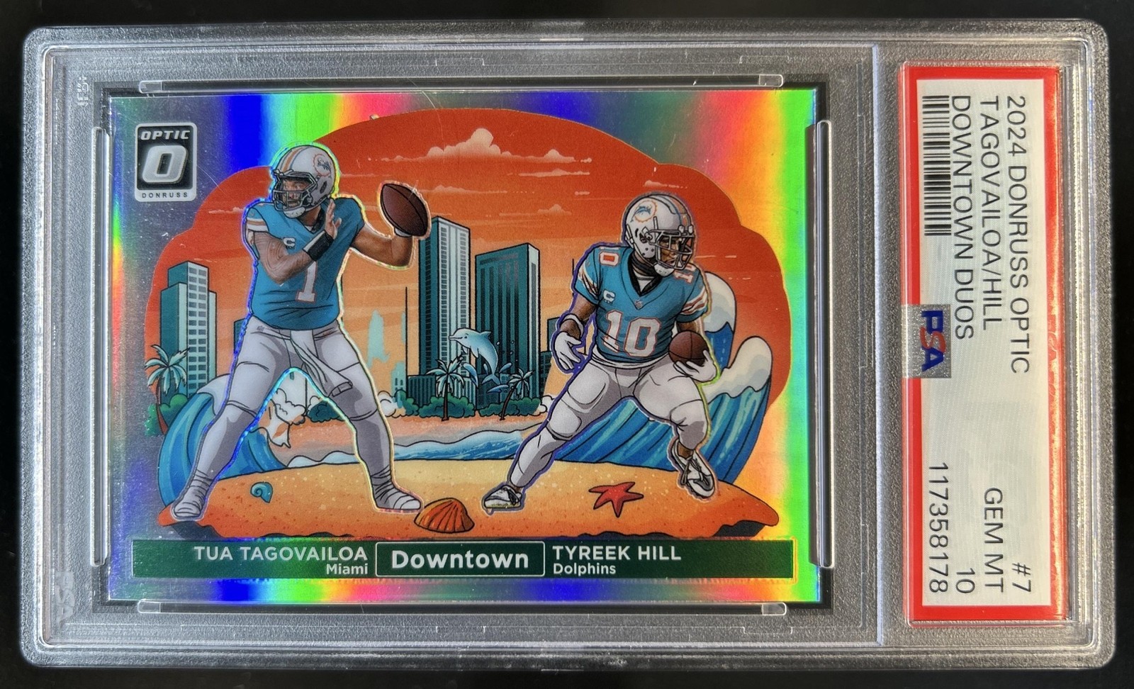 2024 Panini Donruss Optic Tua Tagovailoa Tyreek Hill Downtown Duos SSP #7 PSA 10 view 1