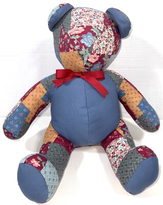Vintage Handmade Patchwork Floral Plush Stuffed Animal Teddy Bear Ribbon Bow Toy