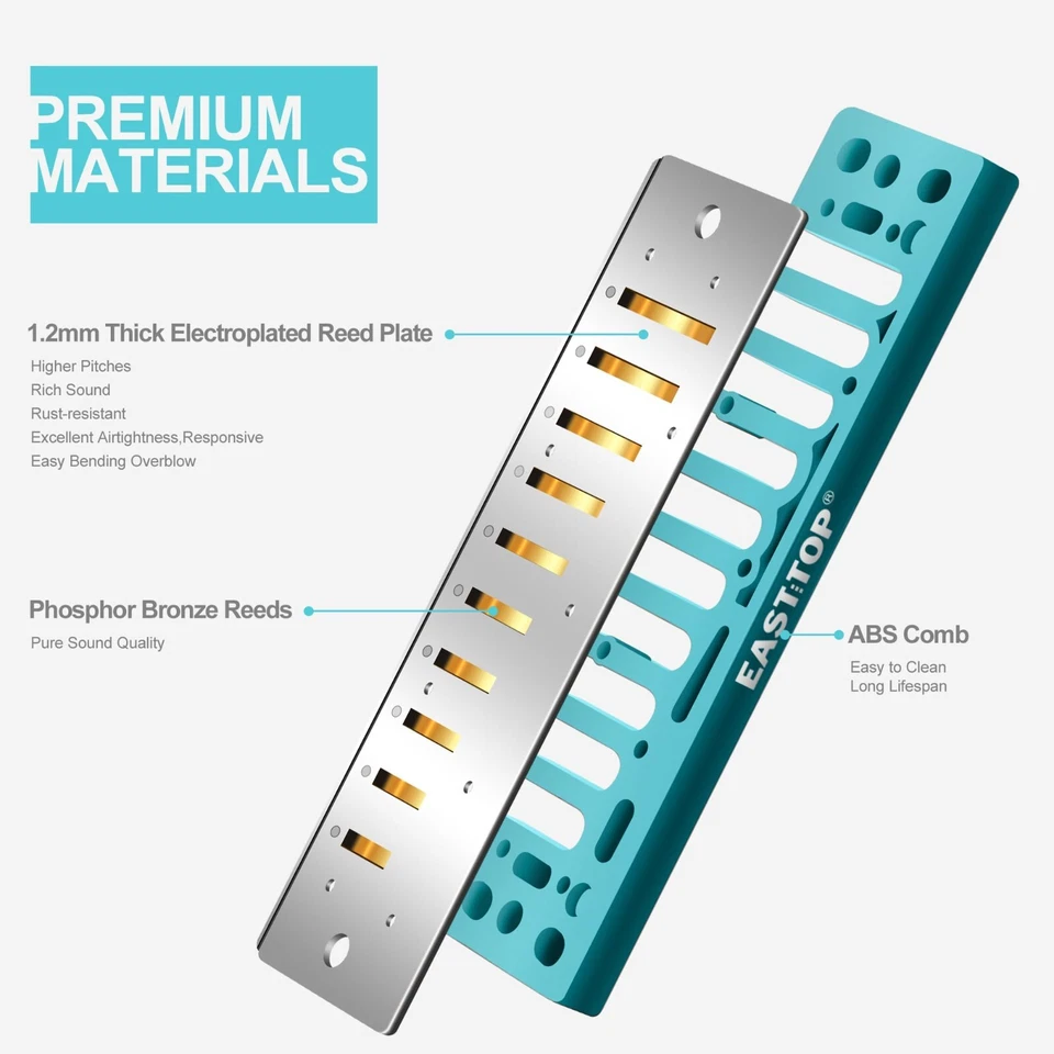 EASTTOP Harmonica Advanced Diatonic Harmonica 10Holes Blues Harp Mouth Organ New - Image 3 of 4