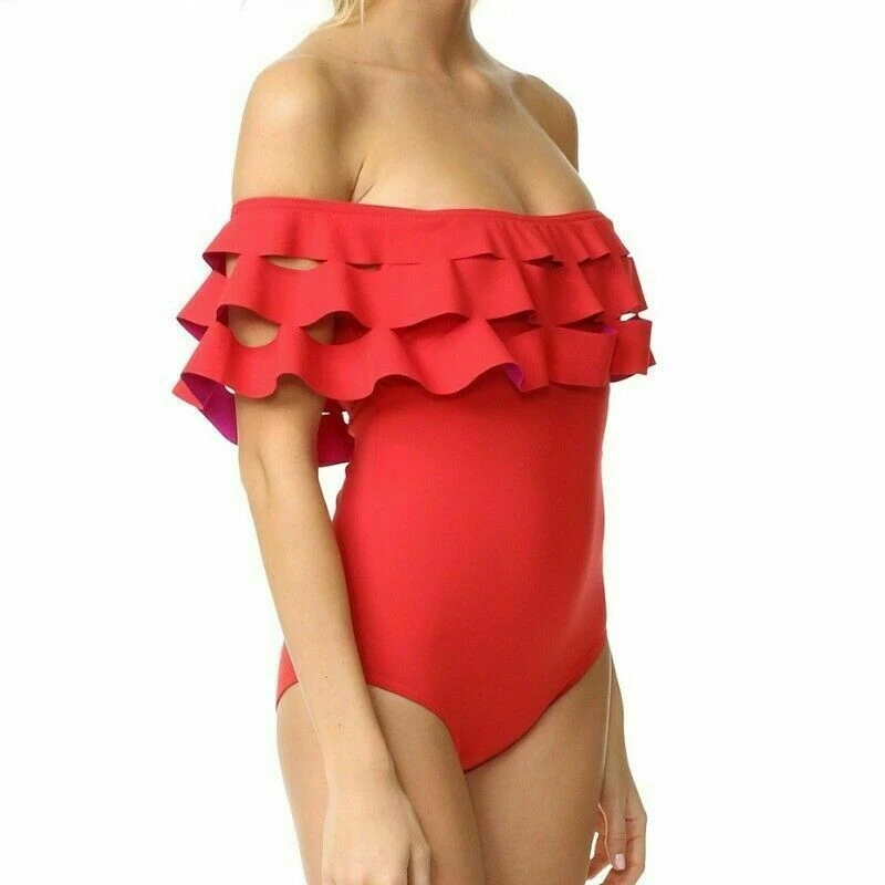 Damen Rüsche Monokini Bademode Schulterfrei Einteiler-Badeanzug Badeanzug - Bild 4 von 4