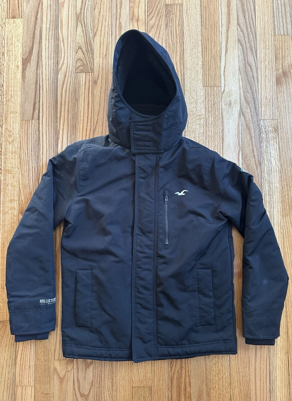 Hollister Mens Jacket Waterproof All-Weather Black Hooded Sherpa Lined Size XS