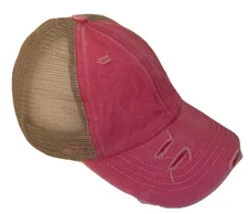 CC Womens Baseball Hat  Distressed Mesh Trucker Ponytail Pink Tan Adjustable New
