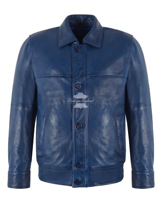 Herren Bomber Lederjacke blau gewachst klassischer Kragen Bluse Retro Style Jacke