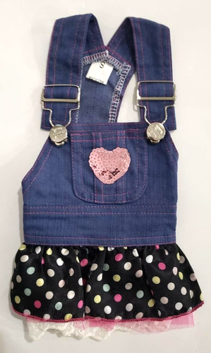 Dog/Pet Denim Overall's with Black Polka Dot Skirt Dress S
