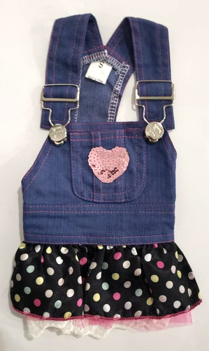 Dog/Pet Denim Overall's with Black Polka Dot Skirt Dress S - Afbeelding 1 van 2