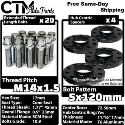 4x 17mm Thick 5x120 72.56mm C.B Wheel Spacer Chrome Bolt 14x1.5 BMW X3 X5 & More