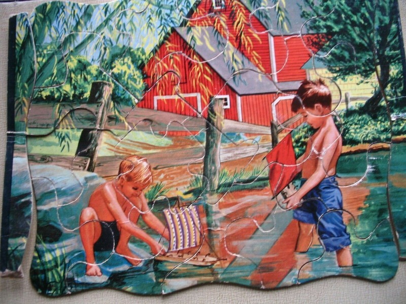 Vintage 1940's (?) Whitman 18 Piece Cardboard Jigsaw Puzzle Boys with Sailboats