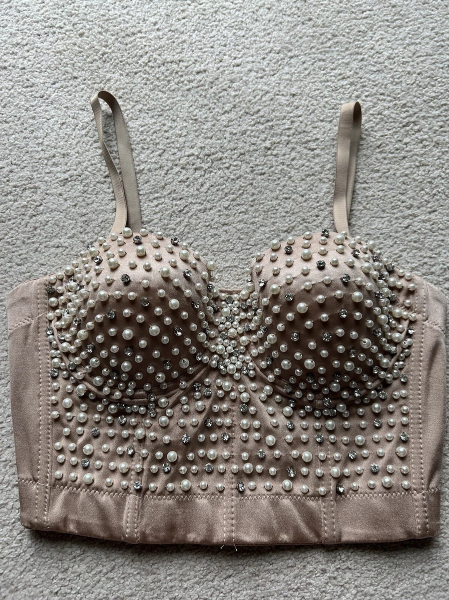 Windsor Dearly Beaded Pearl Rhinestone Embellished Cropped Bustier Bra Crop  Top