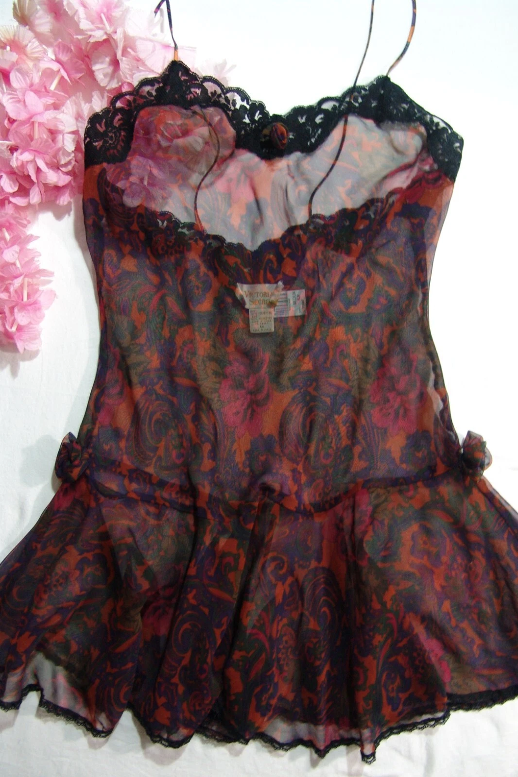 UNDERCOVER Abito Victoria's Secret slip M rosso nero arancione chiffon pizzo medio vintage anni 80