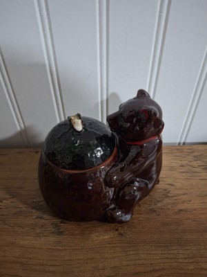 Unique Vintage Pottery Brown Bear Honey Pot Bee Lidded Jar