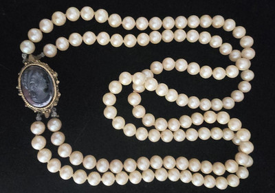 Vintage Double String of Glass Pearls with Cameo Pin Bridgerton Era