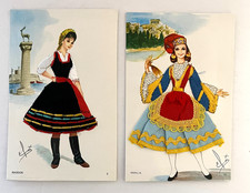 Lot 2 Embroidered GREECE Athens Postcard Artist Signed Elsi Gumier Vintage Athin