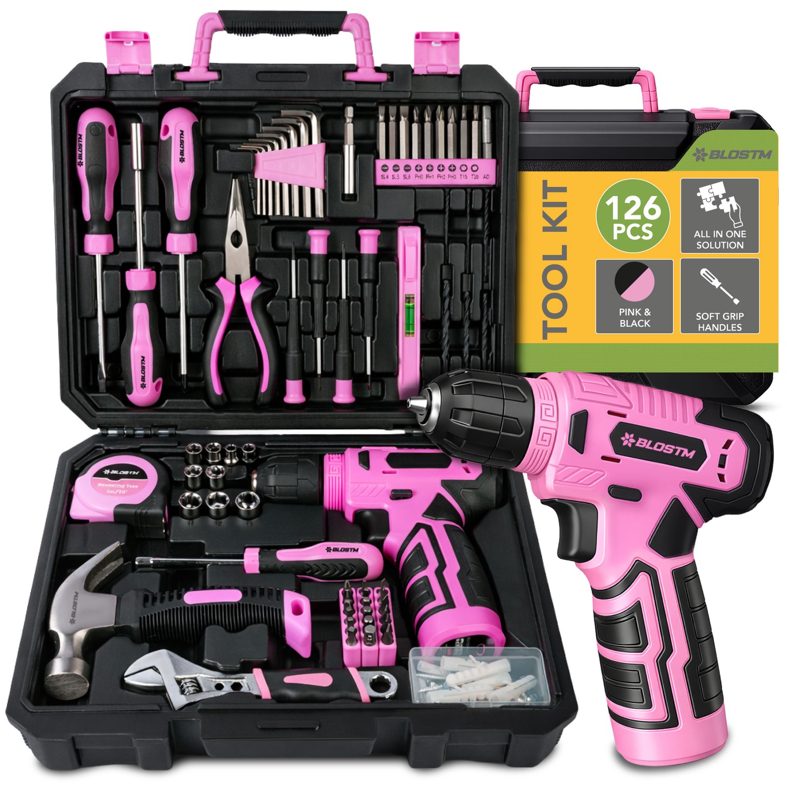 BLOSTM Tool Kit Home Tool Box Set Hand Tools DIY Repair Portable Pink 126 Piece