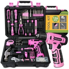 BLOSTM Tool Kit Home Tool Box Set Hand Tools DIY Repair Portable Pink 126 Piece