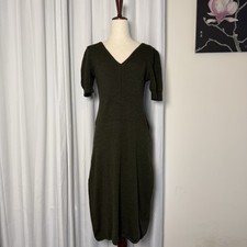 Talbots Olive Green Knit Midi Dress Ribbed Stretch Short Sleeve Work Small