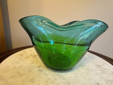 Large Murano Style Blown Glass Bowl Vase Blue Green Folded MCM
