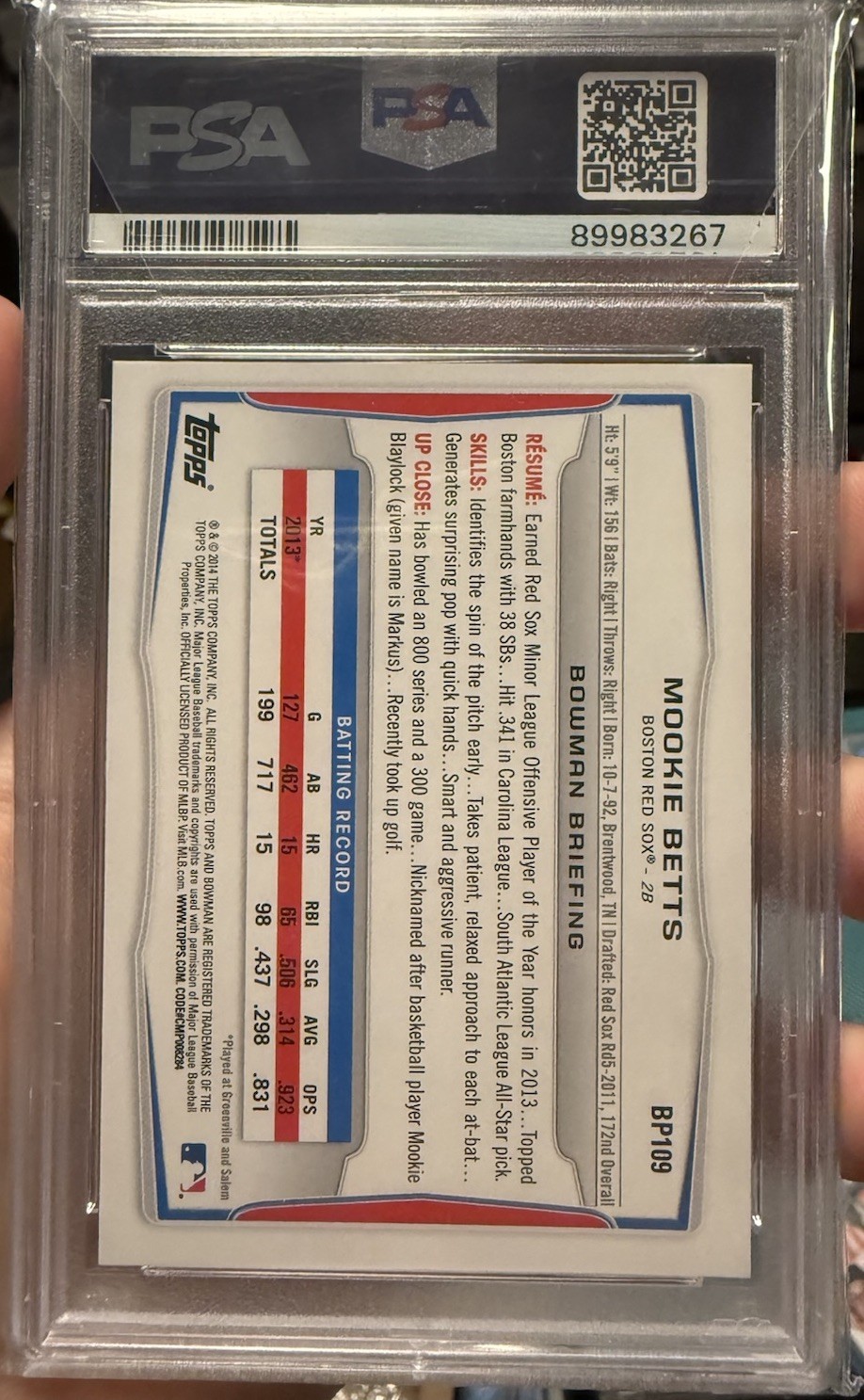 2014 Bowman 1st Prospects Mookie Betts #BP109 RC Rookie PSA 9 MINT view 2