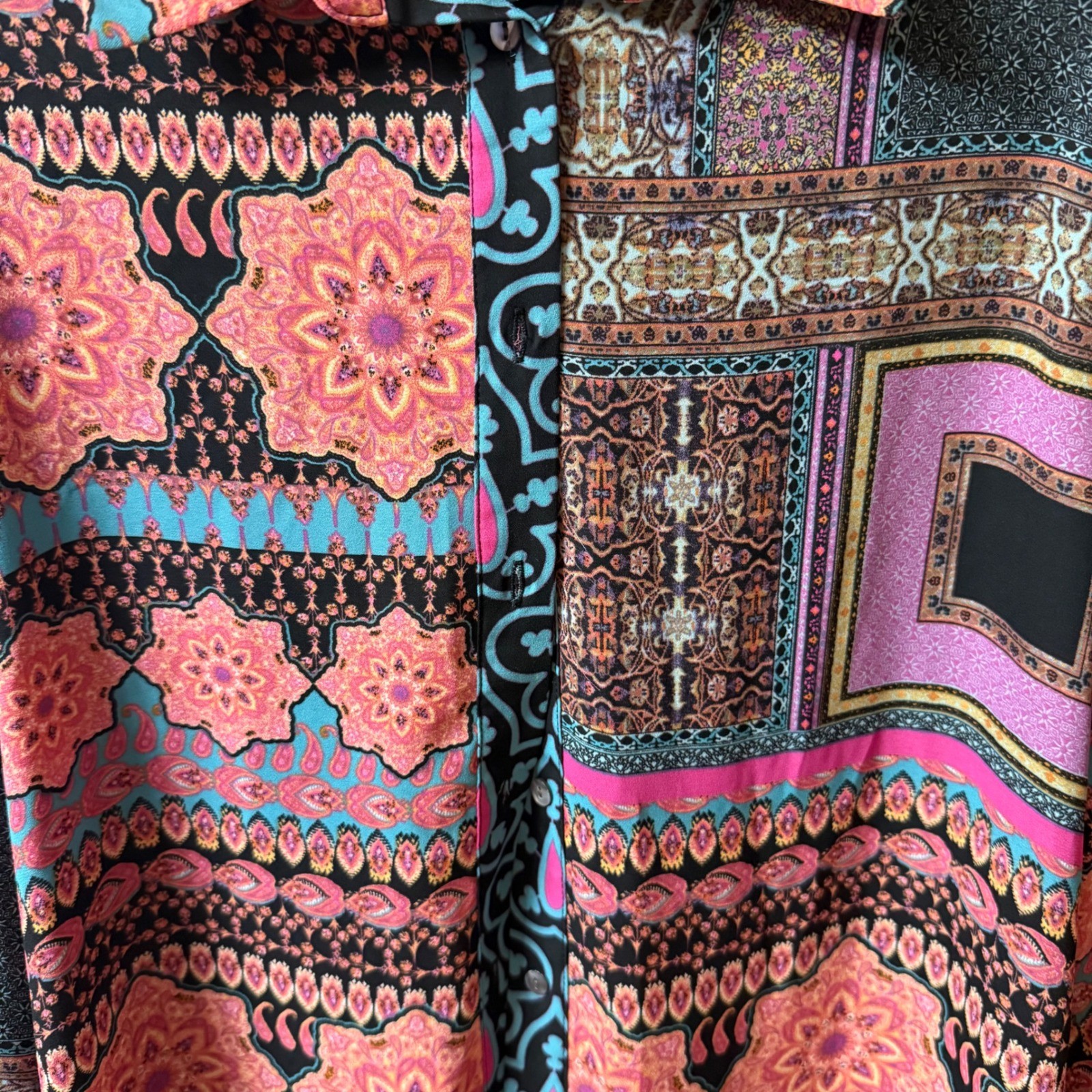 Rose Olive Patchwork Print Button Up Long Sleeve … - image 2