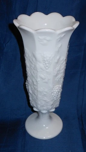 Vintage Westmoreland 11-1/2" Crimped Vase Paneled Grape MILK GLASS Footed