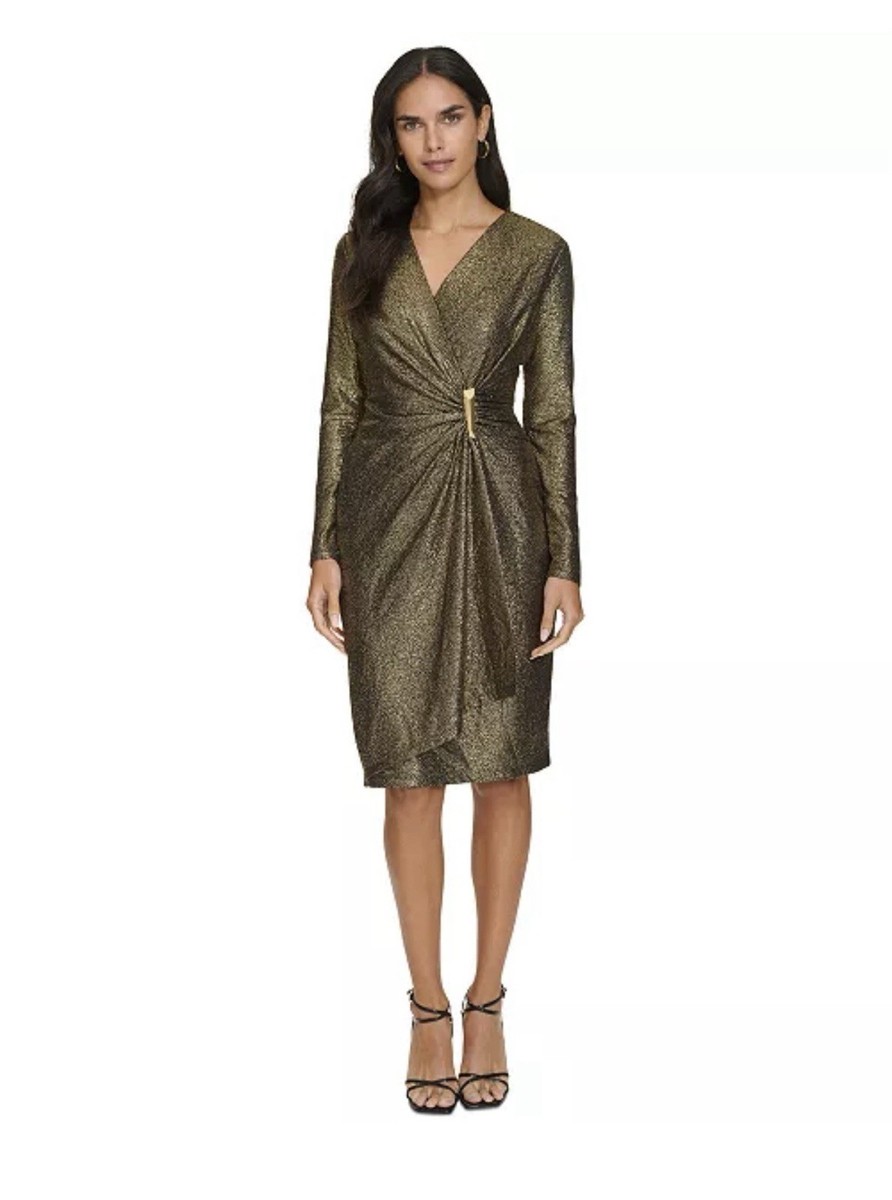 Calvin Klein Petite Metallic Faux-Wrap Sheath Dress - Black Gold Calvin Klein Petite Metallic Faux-Wrap Sheath Dress - Black Gold