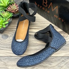NIB Bernie Mev 39 7.5-8 Monica Ankle Strap Woven Comfort Ballet Flats Jean Navy