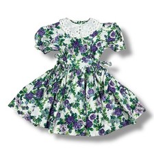 Vtg Handmade Girl  s Dress Purple Floral Rose Puff Sleeves Tie Side Waist 13x26  