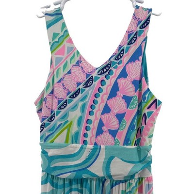 Lilly Pulitzer Pink Blue Coco Island  Print V-Neck Sleeveless Marco Maxi Dress S